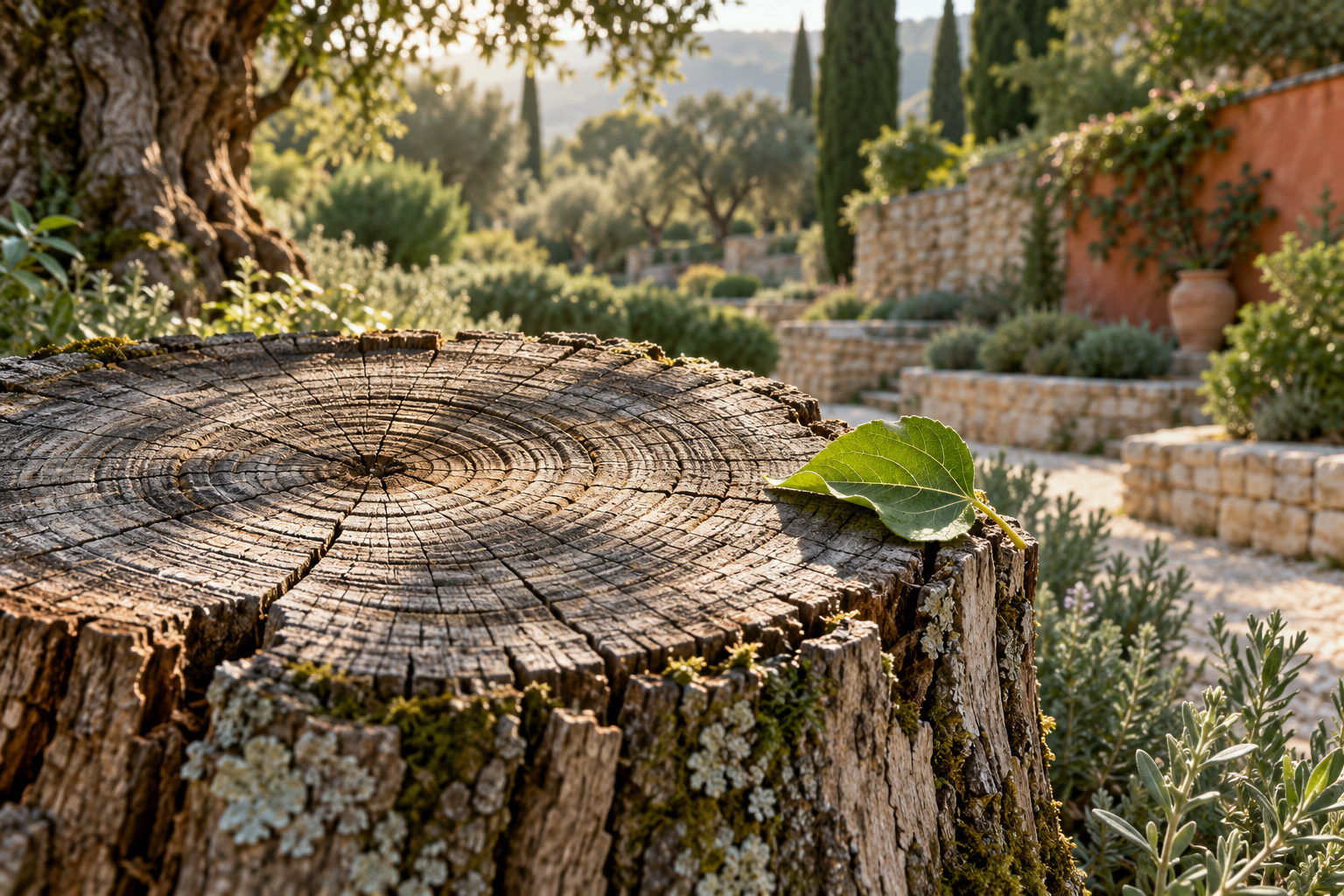Growth rings in a weathered tree stump with a fresh green leaf