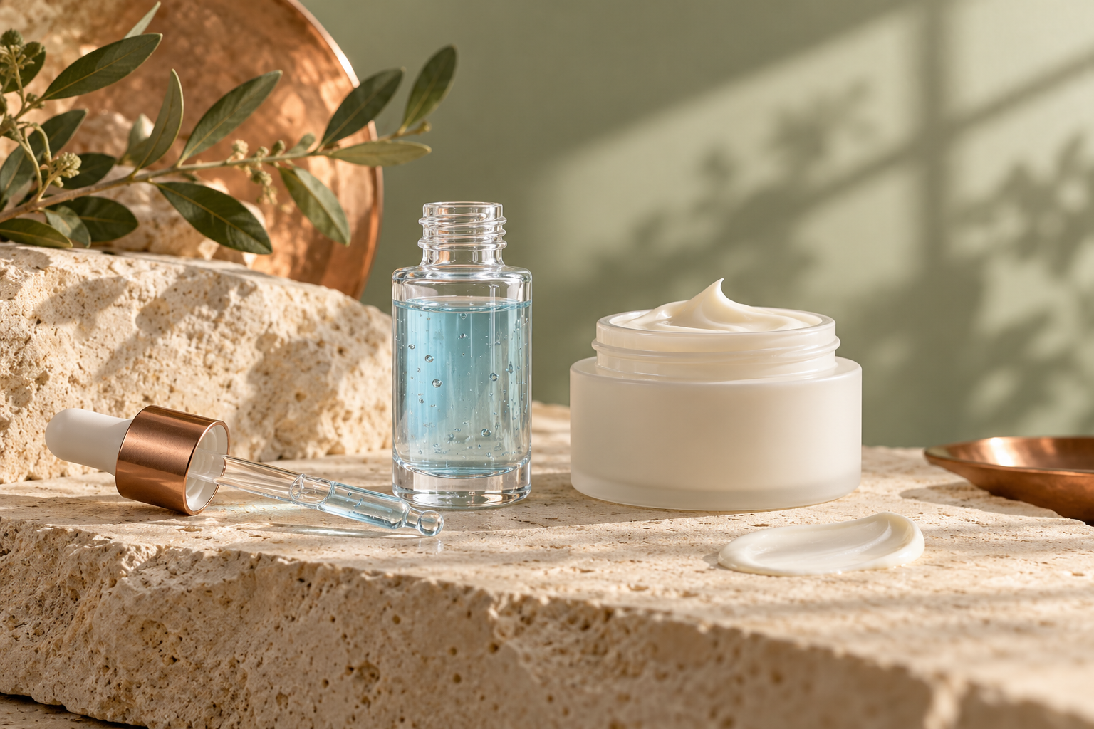 Blue cosmetic serum in an unbranded glass bottle on a stone surface