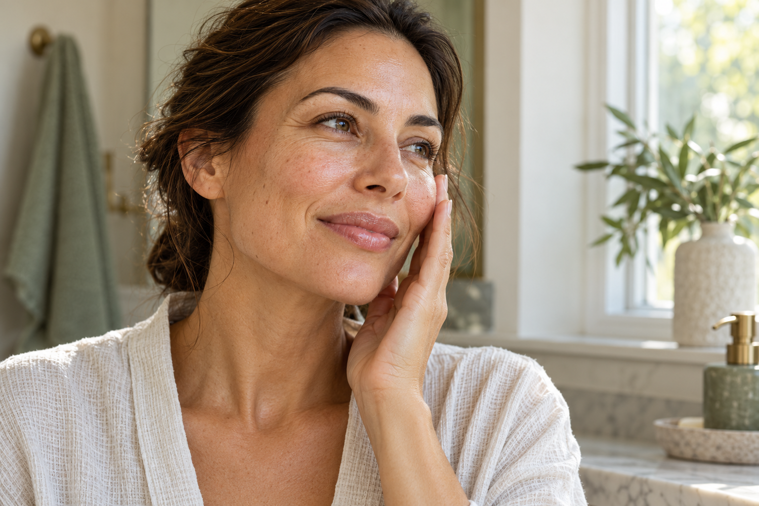 Woman gently touching her cheek beside a sunlit window