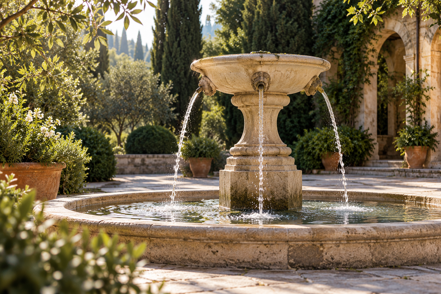 Three streams of water flowing into a stone fountain in a garden